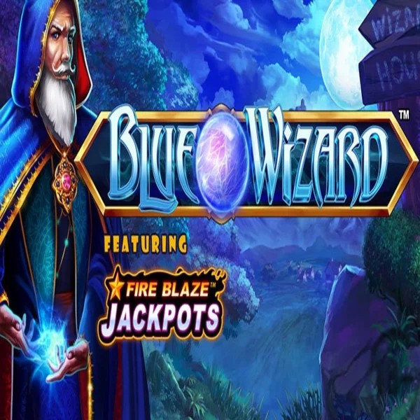 Blue Wizard Fire Blaze Jackpots online game logo by Rarestone Gaming on winrollacasinoo.com